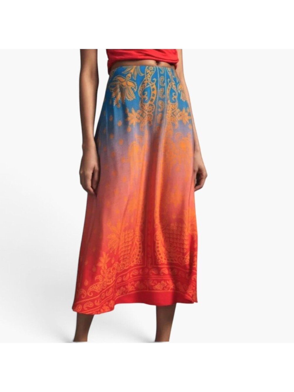 FARM Rio Sun Kissed Paisley Ombre 100% Cotton Slip Midi Skirt XXS NWT